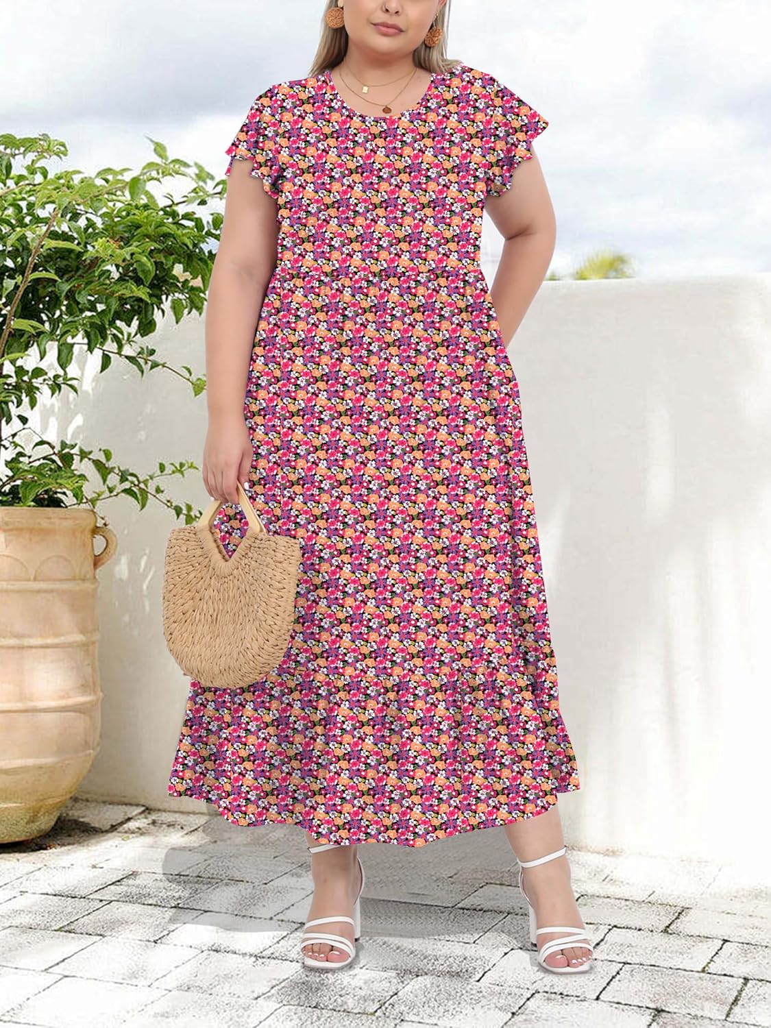 Women's 2025 Plus Size Casual Dress Crew Neck Ruffle Short