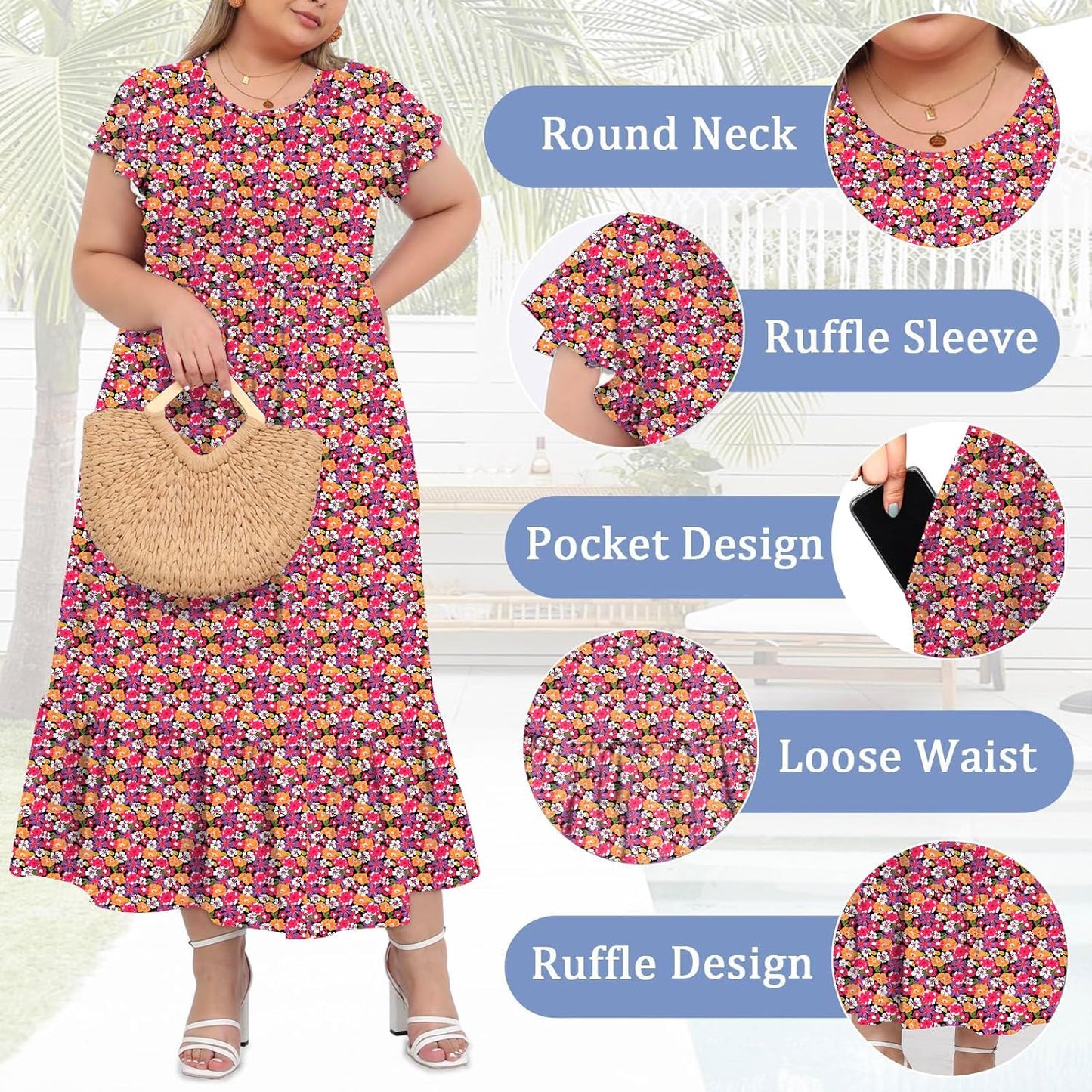 Women's 2025 Plus Size Casual Dress Crew Neck Ruffle Short